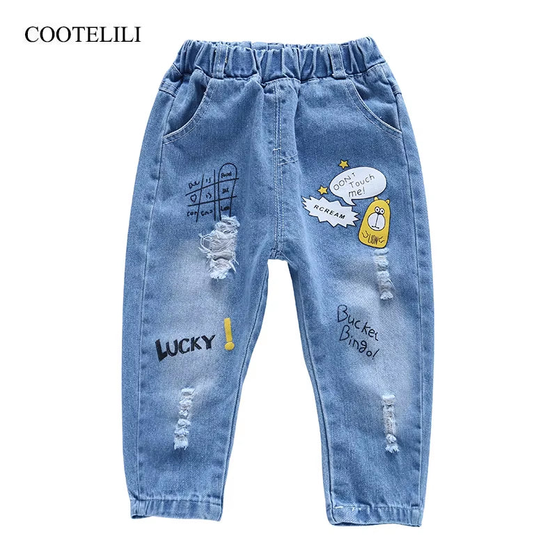 80-130Cm "Lucky"2019 Autumn Children Ripped Jeans for Kids Trousers Children Denim Pants for Boys Casual Elastic Waist