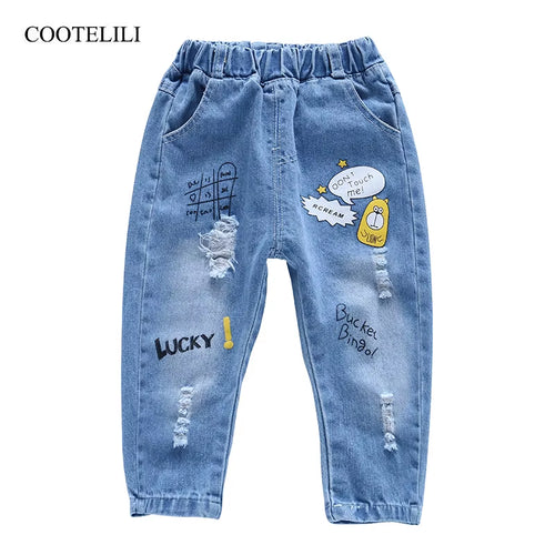 80-130Cm "Lucky"2019 Autumn Children Ripped Jeans for Kids Trousers Children Denim Pants for Boys Casual Elastic Waist