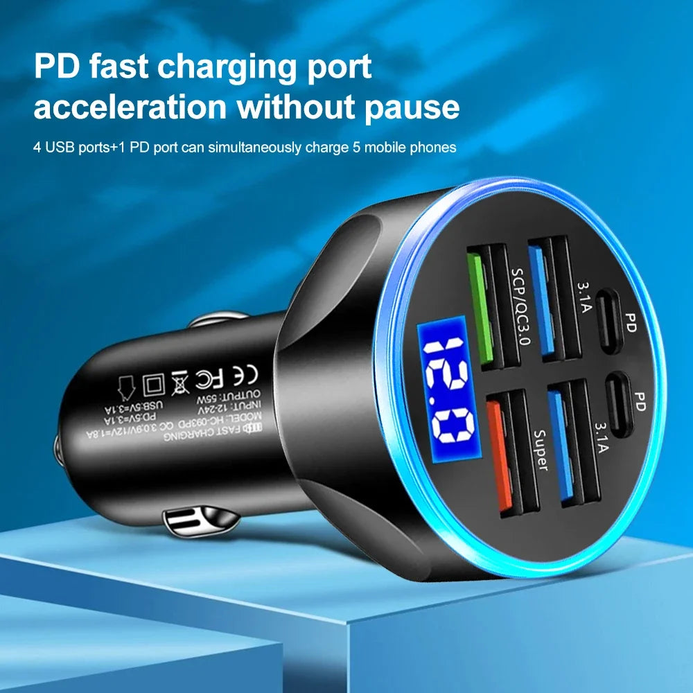 66-250W PD Car Charger QC3.0 Fast Charge One to Six Car Cigarette Lighter Plug Car Charger Flash Charge with Digital Display //  Chargeur de voiture PD 66-250W QC3.0 charge rapide, prise allume-cigare 1 vers 6, chargeur flash avec écran numérique"