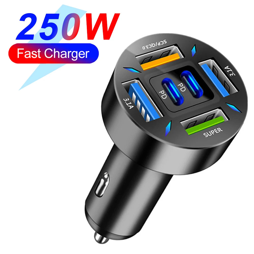 66-250W PD Car Charger QC3.0 Fast Charge One to Six Car Cigarette Lighter Plug Car Charger Flash Charge with Digital Display //  Chargeur de voiture PD 66-250W QC3.0 charge rapide, prise allume-cigare 1 vers 6, chargeur flash avec écran numérique"