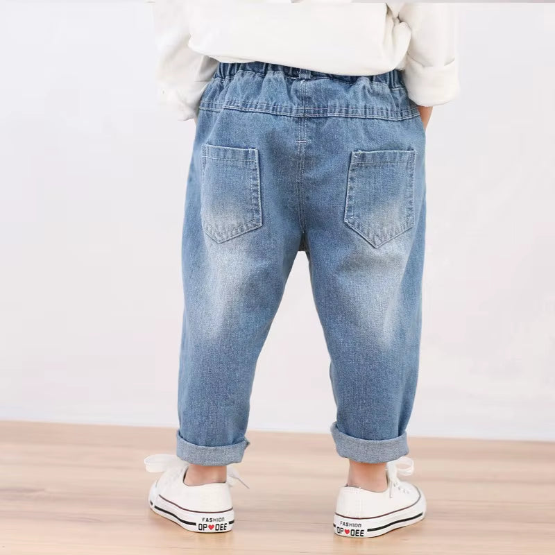 80-130Cm "Lucky"2019 Autumn Children Ripped Jeans for Kids Trousers Children Denim Pants for Boys Casual Elastic Waist