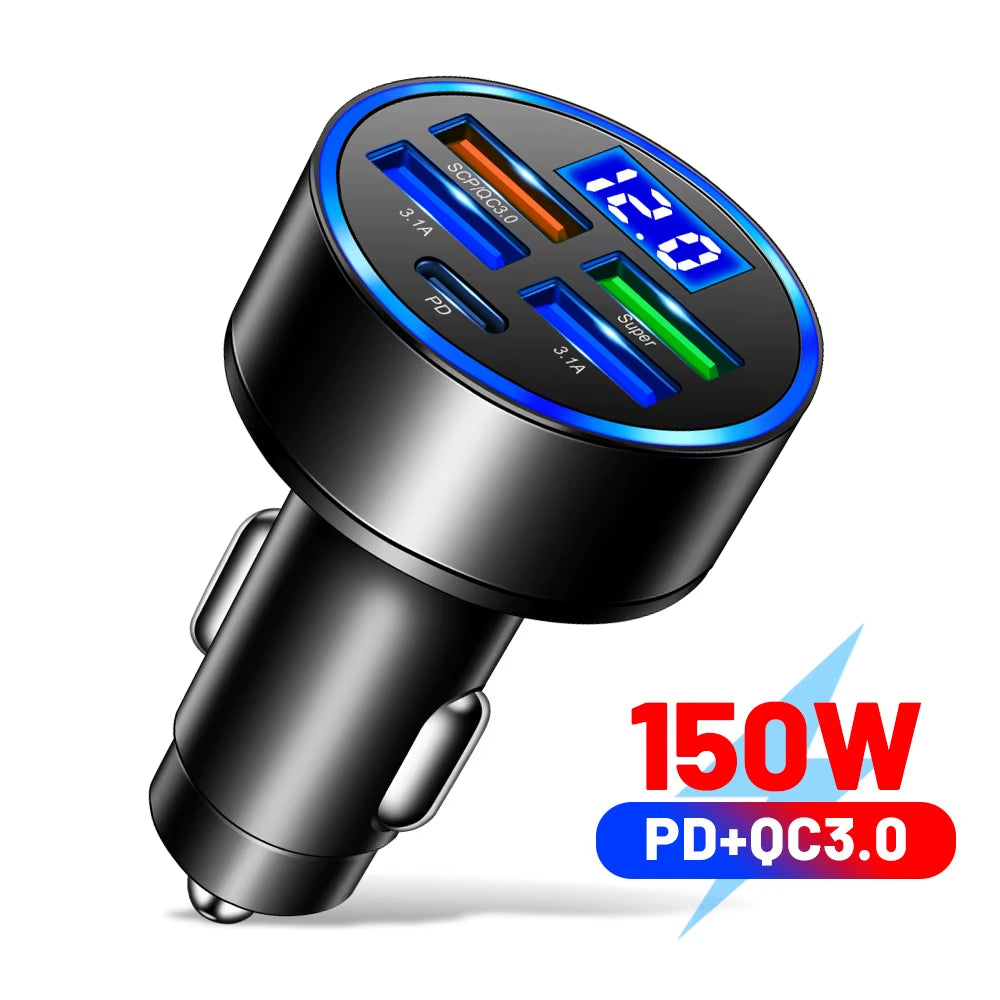 66-250W PD Car Charger QC3.0 Fast Charge One to Six Car Cigarette Lighter Plug Car Charger Flash Charge with Digital Display //  Chargeur de voiture PD 66-250W QC3.0 charge rapide, prise allume-cigare 1 vers 6, chargeur flash avec écran numérique"