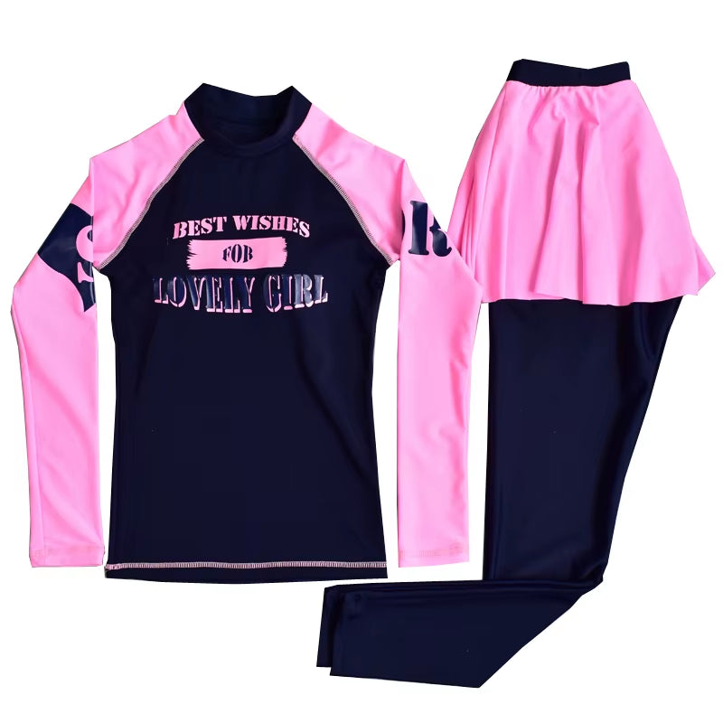 Teenager Girl Rashguard Swimsuit Long Sleeve Padded Shirt Pants with Skirt Chindren Kids Beach Wear 10-16Y