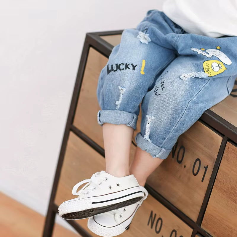 80-130Cm "Lucky"2019 Autumn Children Ripped Jeans for Kids Trousers Children Denim Pants for Boys Casual Elastic Waist