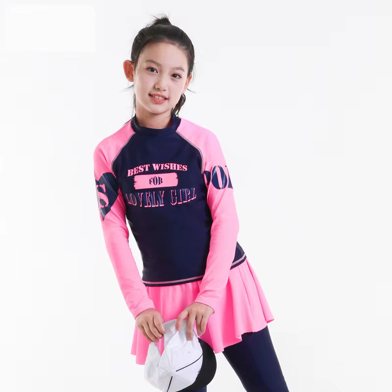 Teenager Girl Rashguard Swimsuit Long Sleeve Padded Shirt Pants with Skirt Chindren Kids Beach Wear 10-16Y