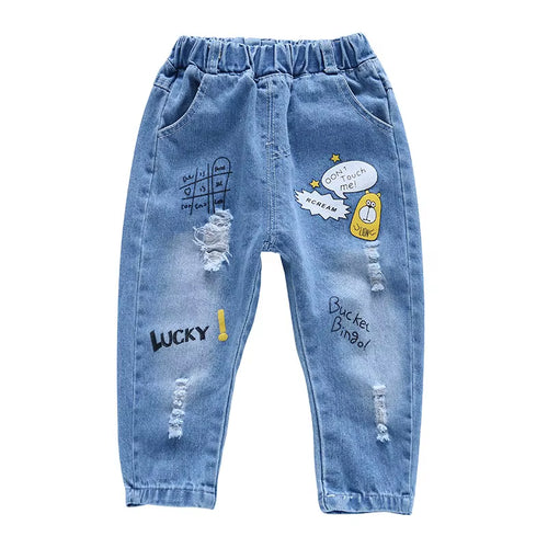 80-130Cm "Lucky"2019 Autumn Children Ripped Jeans for Kids Trousers Children Denim Pants for Boys Casual Elastic Waist