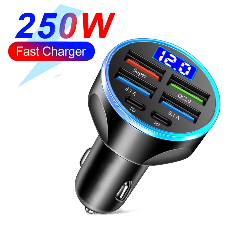 66-250W PD Car Charger QC3.0 Fast Charge One to Six Car Cigarette Lighter Plug Car Charger Flash Charge with Digital Display //  Chargeur de voiture PD 66-250W QC3.0 charge rapide, prise allume-cigare 1 vers 6, chargeur flash avec écran numérique"