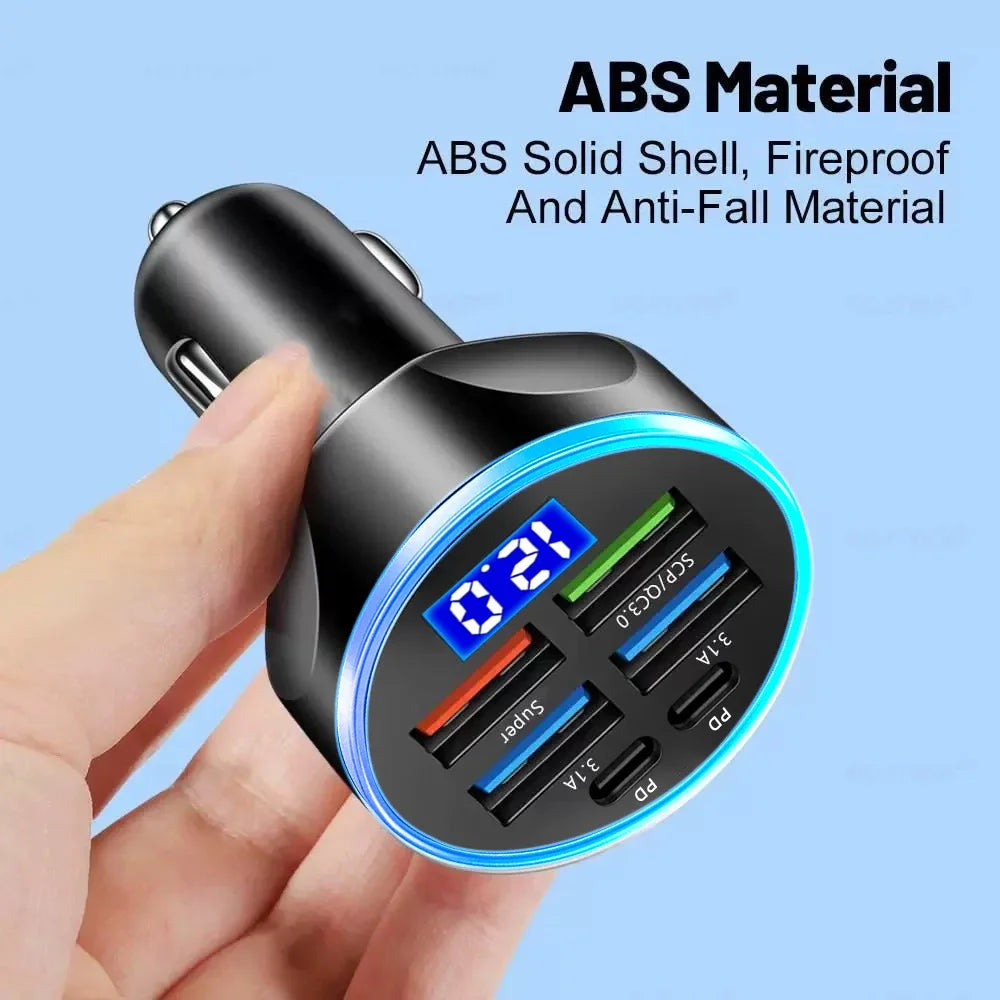 66-250W PD Car Charger QC3.0 Fast Charge One to Six Car Cigarette Lighter Plug Car Charger Flash Charge with Digital Display //  Chargeur de voiture PD 66-250W QC3.0 charge rapide, prise allume-cigare 1 vers 6, chargeur flash avec écran numérique"