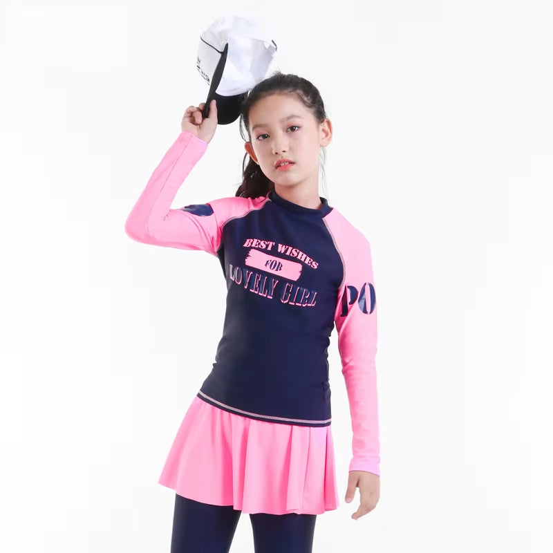 Teenager Girl Rashguard Swimsuit Long Sleeve Padded Shirt Pants with Skirt Chindren Kids Beach Wear 10-16Y