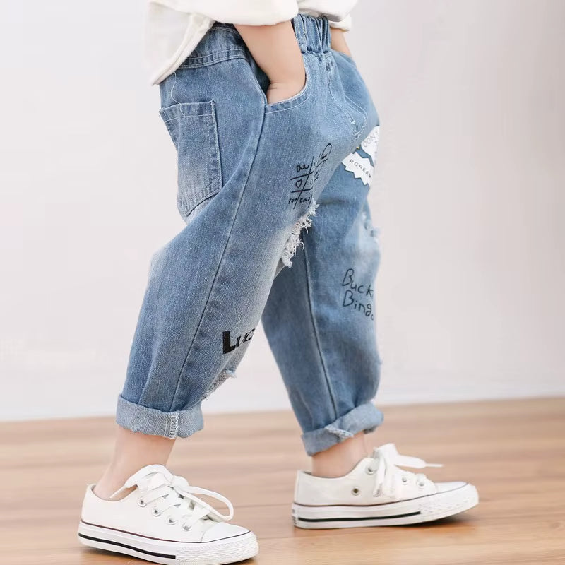80-130Cm "Lucky"2019 Autumn Children Ripped Jeans for Kids Trousers Children Denim Pants for Boys Casual Elastic Waist