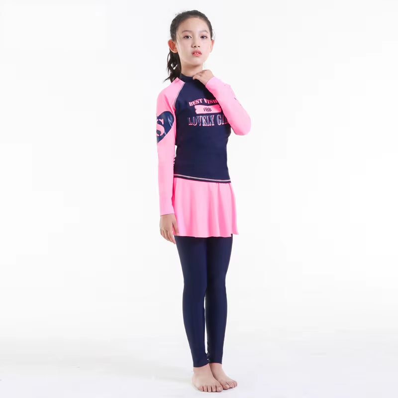 Teenager Girl Rashguard Swimsuit Long Sleeve Padded Shirt Pants with Skirt Chindren Kids Beach Wear 10-16Y