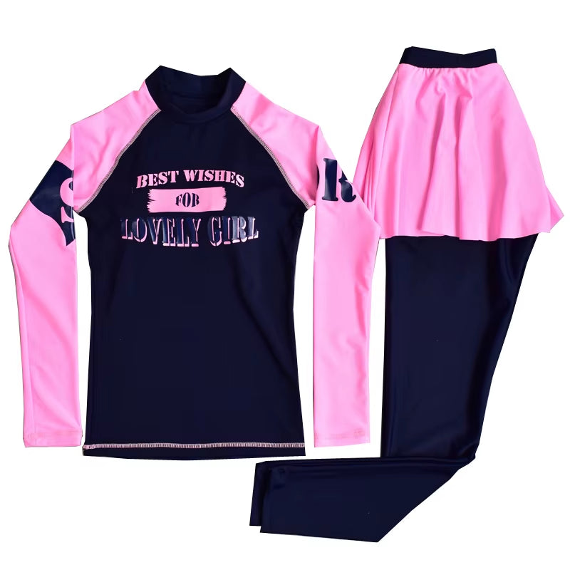 Teenager Girl Rashguard Swimsuit Long Sleeve Padded Shirt Pants with Skirt Chindren Kids Beach Wear 10-16Y