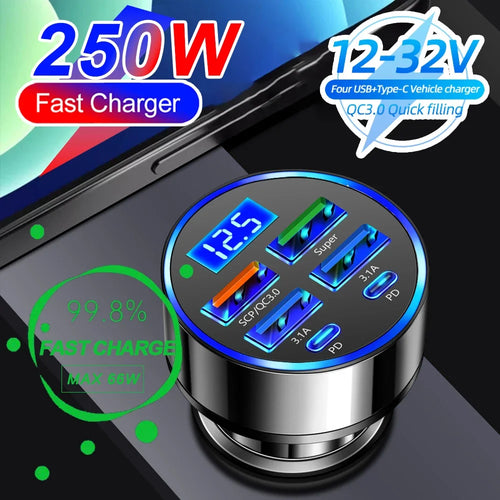 66-250W PD Car Charger QC3.0 Fast Charge One to Six Car Cigarette Lighter Plug Car Charger Flash Charge with Digital Display //  Chargeur de voiture PD 66-250W QC3.0 charge rapide, prise allume-cigare 1 vers 6, chargeur flash avec écran numérique"