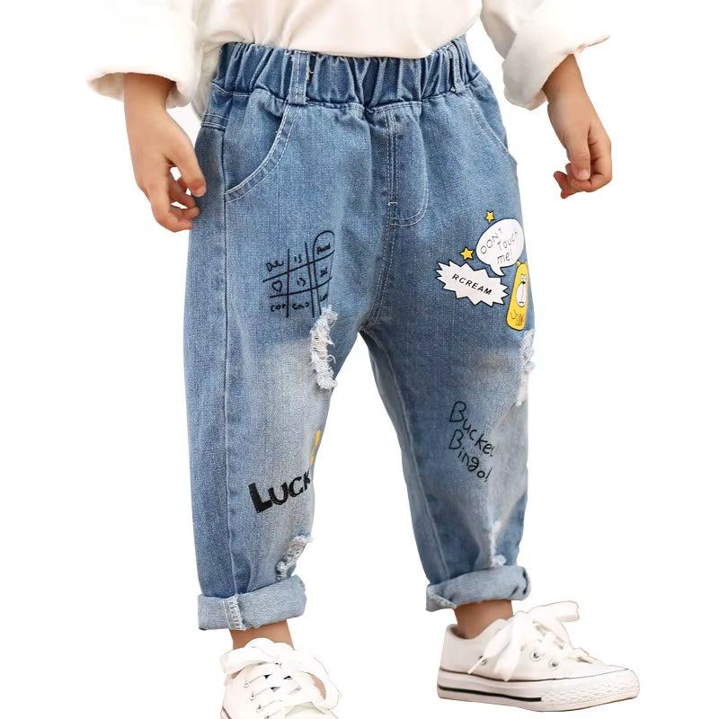 80-130Cm "Lucky"2019 Autumn Children Ripped Jeans for Kids Trousers Children Denim Pants for Boys Casual Elastic Waist