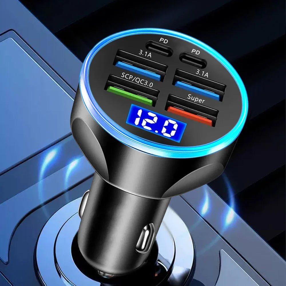 66-250W PD Car Charger QC3.0 Fast Charge One to Six Car Cigarette Lighter Plug Car Charger Flash Charge with Digital Display //  Chargeur de voiture PD 66-250W QC3.0 charge rapide, prise allume-cigare 1 vers 6, chargeur flash avec écran numérique"