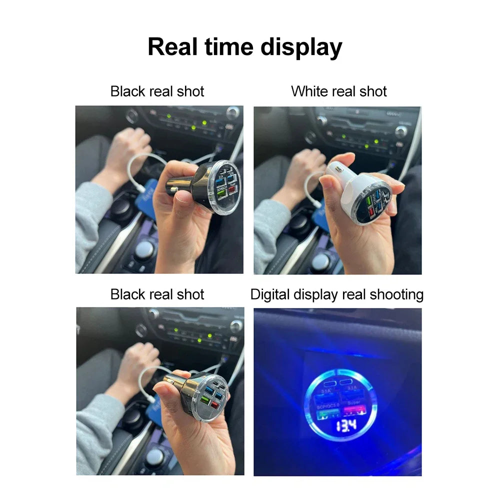66-250W PD Car Charger QC3.0 Fast Charge One to Six Car Cigarette Lighter Plug Car Charger Flash Charge with Digital Display //  Chargeur de voiture PD 66-250W QC3.0 charge rapide, prise allume-cigare 1 vers 6, chargeur flash avec écran numérique"